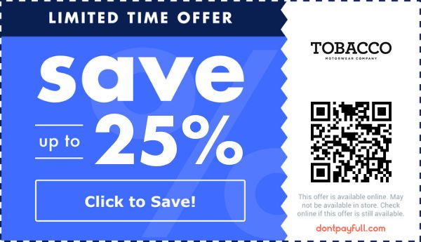tobacco motorwear discount 25% Off Tobacco Motorwear Discount Codes May 2026