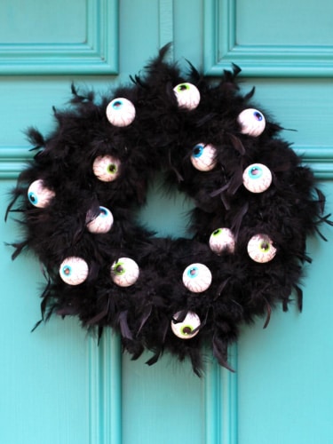 DIY Black Feather Wreath with Scary Googly Eyes