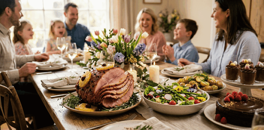 Delicious Easter feast setting with glazed ham and chocolate desserts from top restaurant deals.