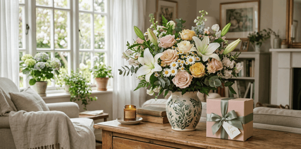 Lush spring floral arrangement and elegant gift box bought using Easter discount codes.