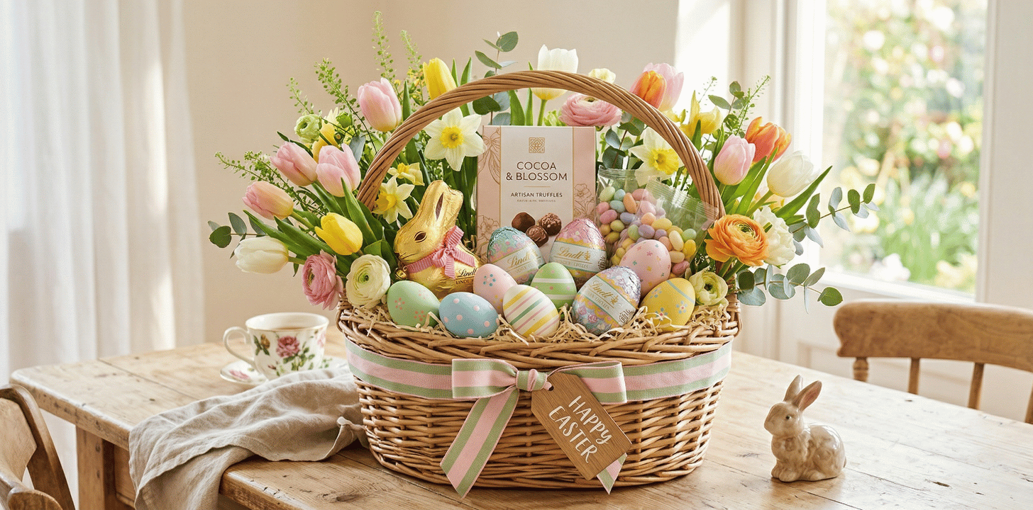 easter-sales-deals-basket-flowers Beautifully curated Easter basket with pastel eggs and spring flowers representing the best Easter sales and deals.
