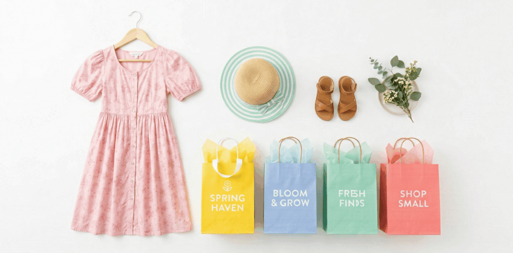 Colorful shopping bags and spring clothing items highlighting what to buy during Easter sales.