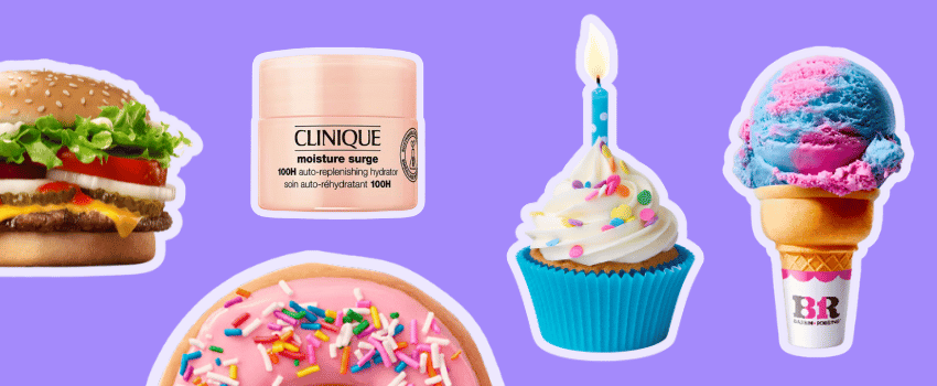 Best Birthday Freebies A collage of best birthday freebies, featuring a burger, Clinique moisturizer, cupcake with candle, frosted doughnut, and ice cream cone on a vibrant purple background.
