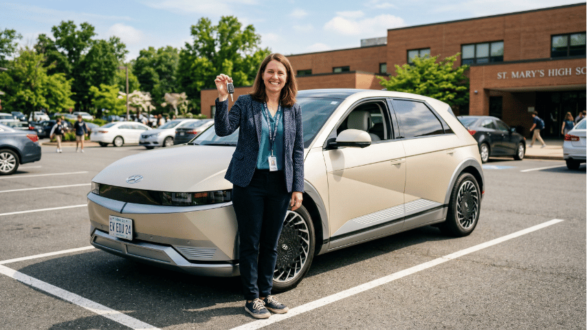 Cheerful teacher holding car keys standing next to a modern electric vehicle in a school parking lot.