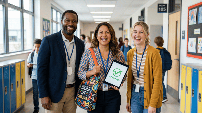 best-teacher-discounts-educators Diverse group of three happy K-12 teachers standing in a bright school hallway holding a tote bag and tablet.