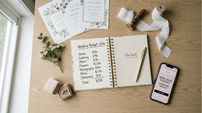 best-wedding-freebies-2026 A wedding planner notebook surrounded by free wedding invitation samples, a ring box, and a smartphone showing coupon codes on a wooden desk.