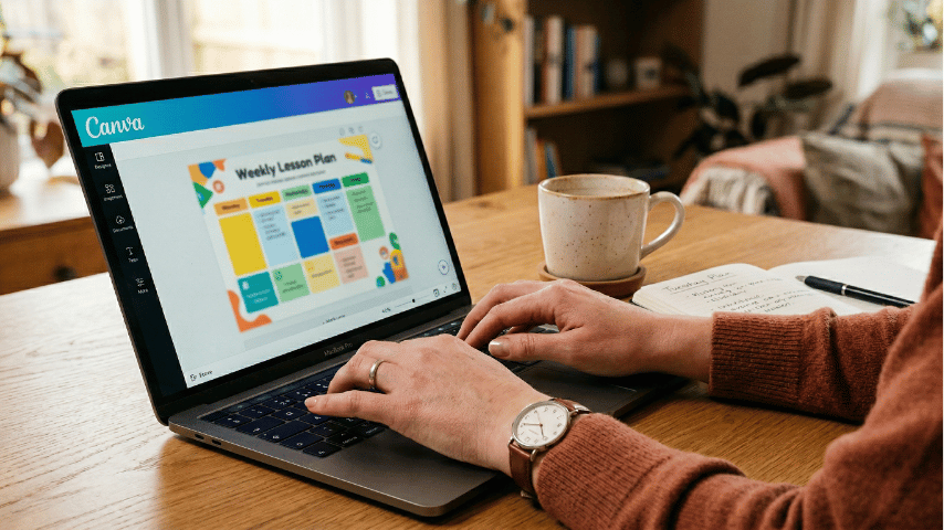Close-up of a teacher using graphic design software on a laptop to create a colorful lesson plan.
