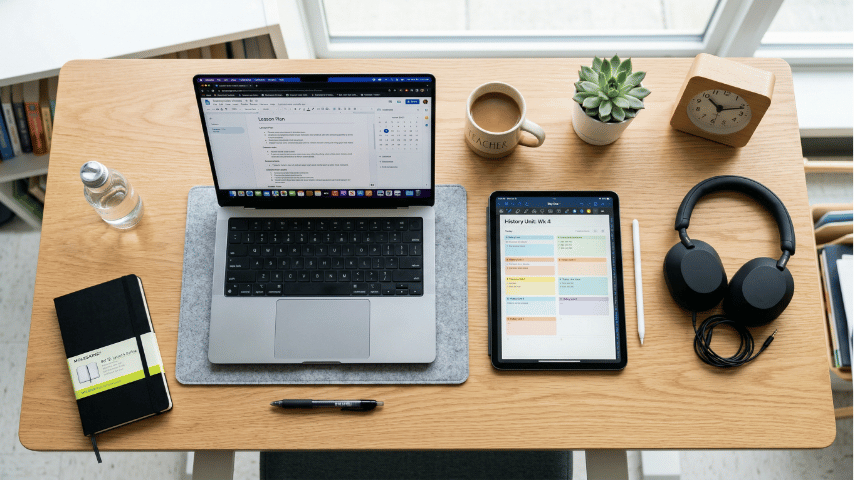 Top-down view of a teacher's desk with a premium laptop, tablet, and noise-canceling headphones.