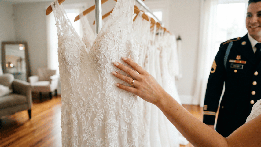A bride touching a lace wedding dress in a boutique, with a groom in a military uniform standing in the blurred background.