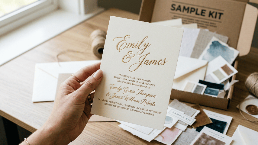 A close-up of a bride's hand holding a free gold foil wedding invitation sample from a bridal stationery kit.