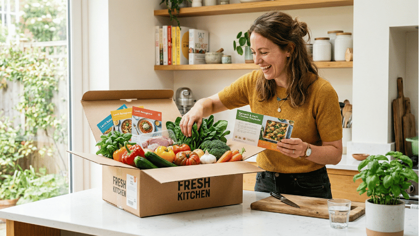 Teacher opening a fresh meal kit delivery box filled with vegetables on a home kitchen island.
