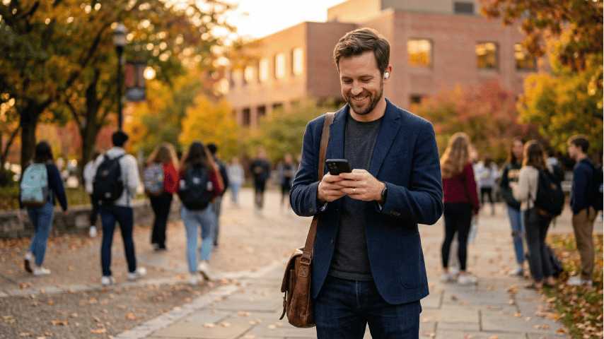 Smiling male teacher checking his smartphone outside a brick school building during autumn.