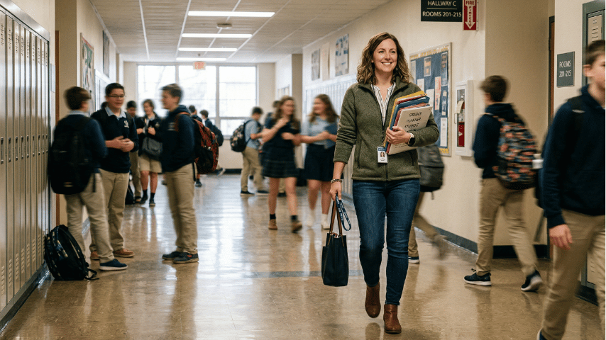 Stylish teacher walking down a school hallway wearing a comfortable fleece jacket and denim jeans.