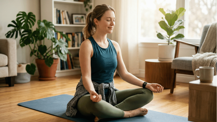 Young female teacher relaxing on a yoga mat at home while wearing a modern fitness smartwatch.