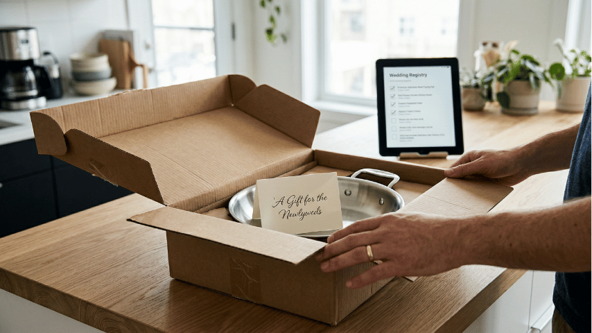 Unboxing a free premium frying pan received as a wedding registry bonus gift on a kitchen counter.