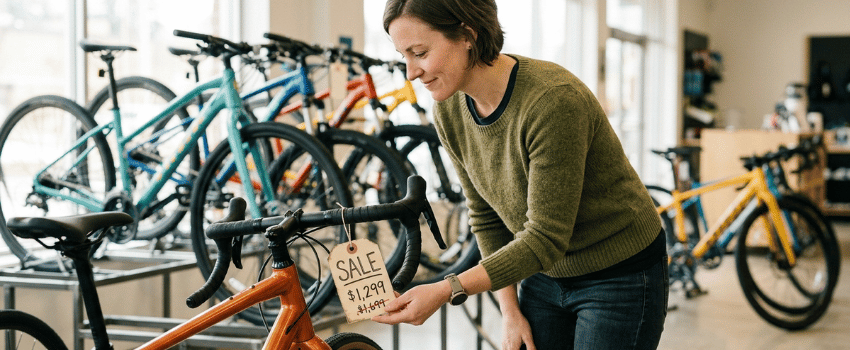 Shopper examining sale price tags on bicycles in a modern bike shop, finding the best time to buy a bike