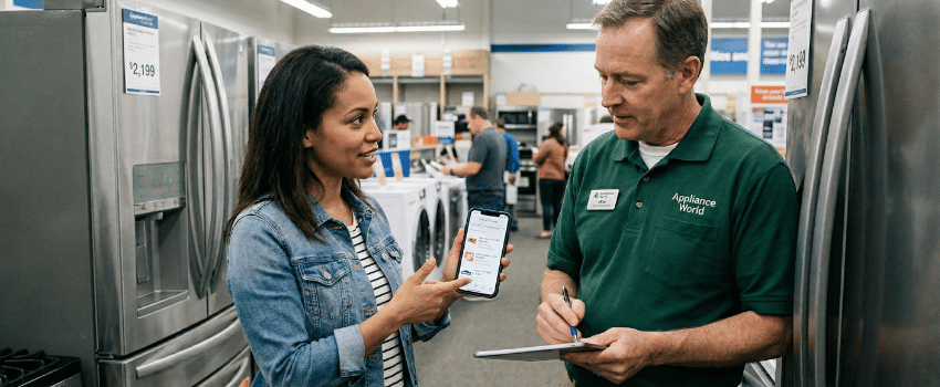 How to Negotiate Prices Shopper negotiating price with salesperson at appliance store, phone showing competitor prices