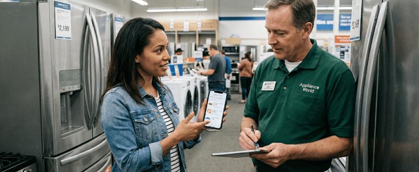 How to Negotiate Prices Shopper negotiating price with salesperson at appliance store, phone showing competitor prices