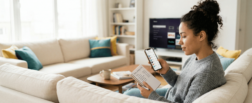 How to Save on Streaming Services Person on couch reviewing streaming service subscriptions on smartphone with monthly cost notepad - how to save on streaming services