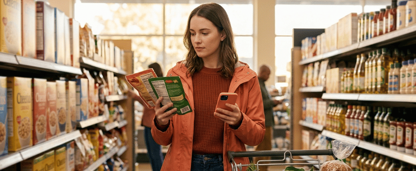 Recession Impact on Consumer Behavior Budget-conscious shopper comparing store brand vs national brand prices in grocery store aisle during economic downturn