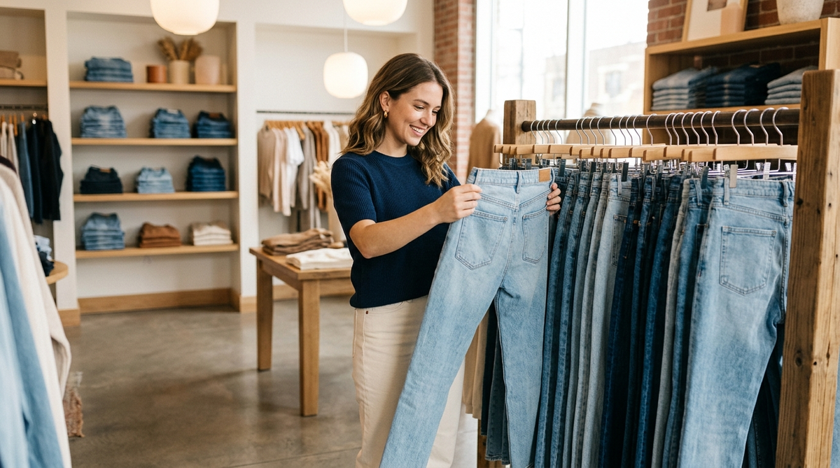 Woman browsing jeans in a casual clothing store, checking the fit of a pair of American Eagle-style denim