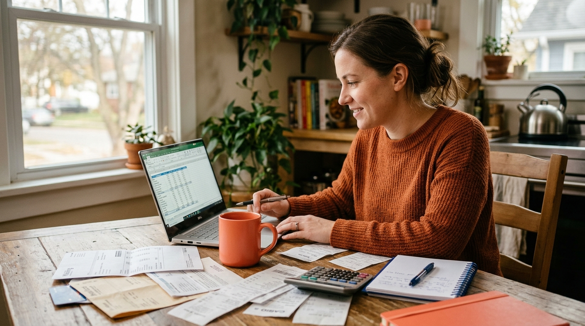 Person reviewing household budget on laptop at kitchen table, tracking average American spending by category