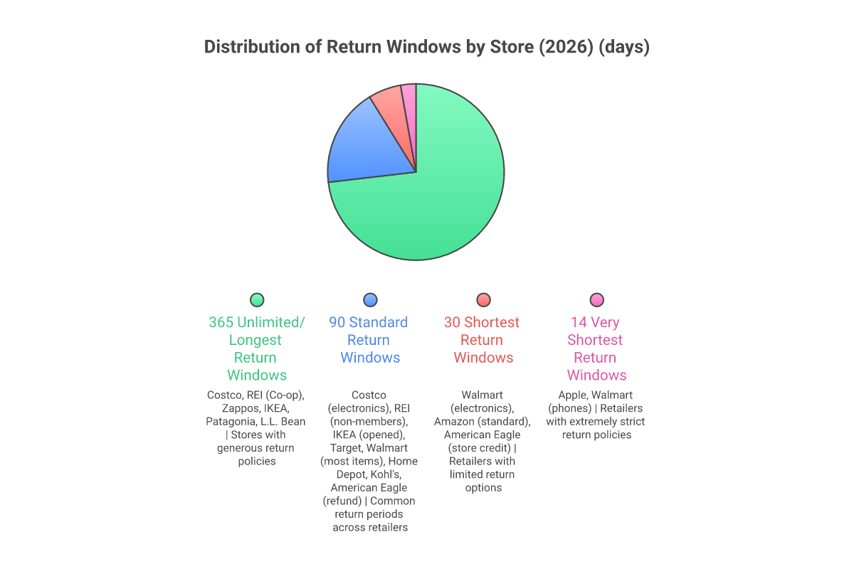 Distribution of return windows by store in 2026 showing best return policies from Costco, REI, Zappos, Target, Walmart and more