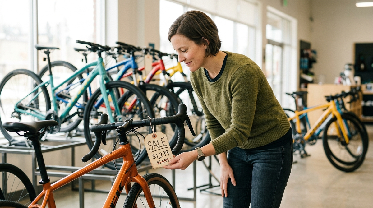 Shopper examining sale price tags on bicycles in a modern bike shop, finding the best time to buy a bike