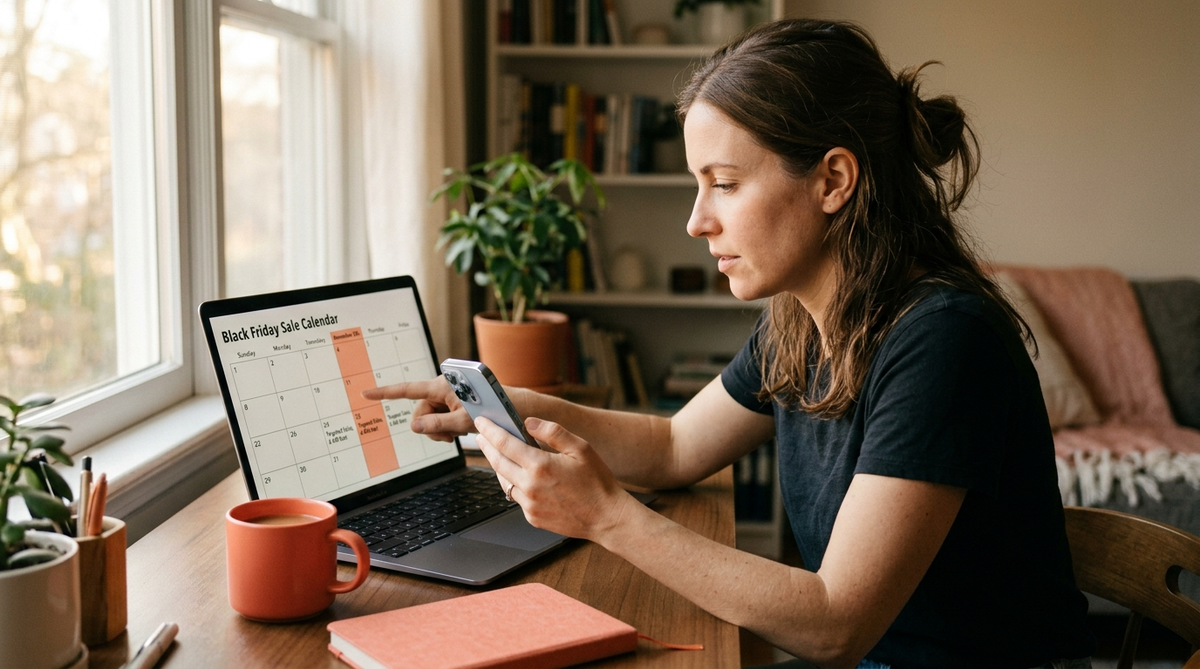 Best Time to Buy an iPhone – Featured Image Person comparing iPhone prices on laptop while holding iPhone, planning the best time to buy