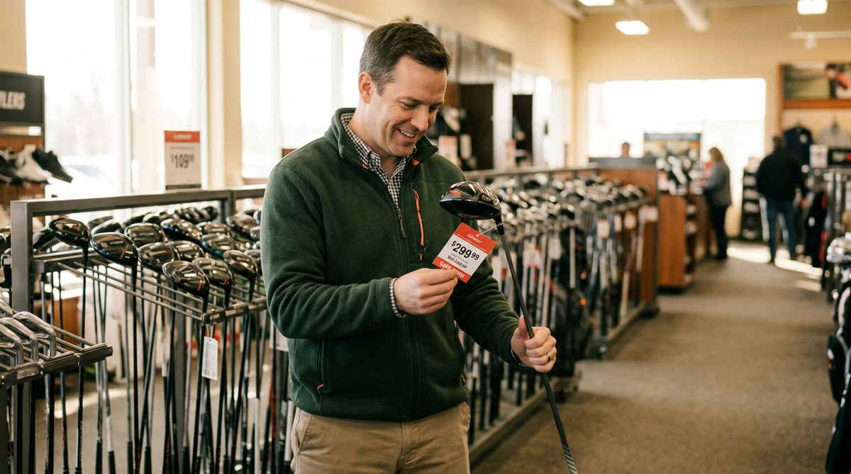 Golfer checking price tag on a driver club at a sporting goods store, finding a deal on golf equipment