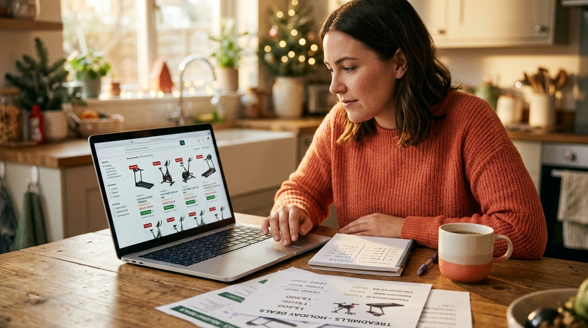 Woman researching best time to buy gym equipment on laptop, comparing treadmill and exercise bike deals during holiday sales