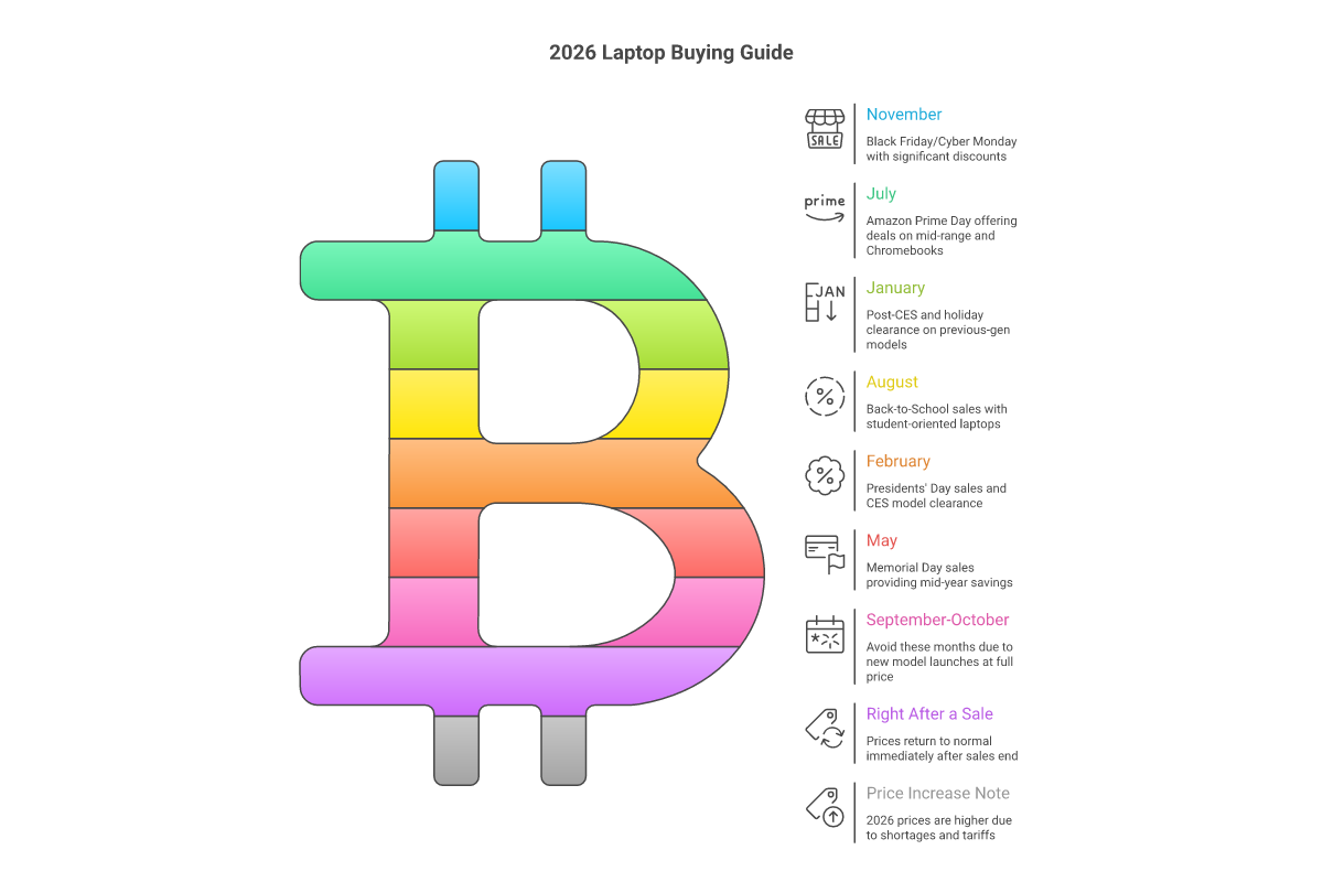 Monthly laptop discount calendar for 2026 showing best times to buy including Black Friday, Prime Day, and January clearance