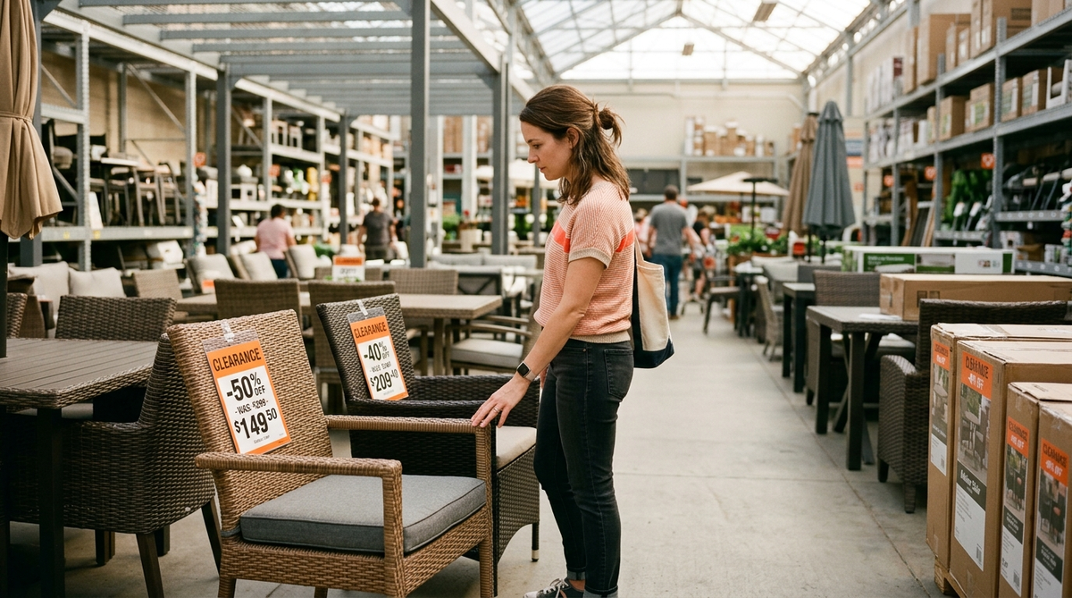 Best Time to Buy Outdoor Furniture – Featured Image Woman comparing outdoor patio furniture during end-of-season clearance sale, finding best time to buy outdoor furniture