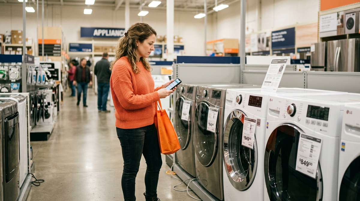 Best Time to Buy a Washer and Dryer – Featured Image Shopper comparing washer and dryer prices on smartphone in appliance store aisle to find best time to buy
