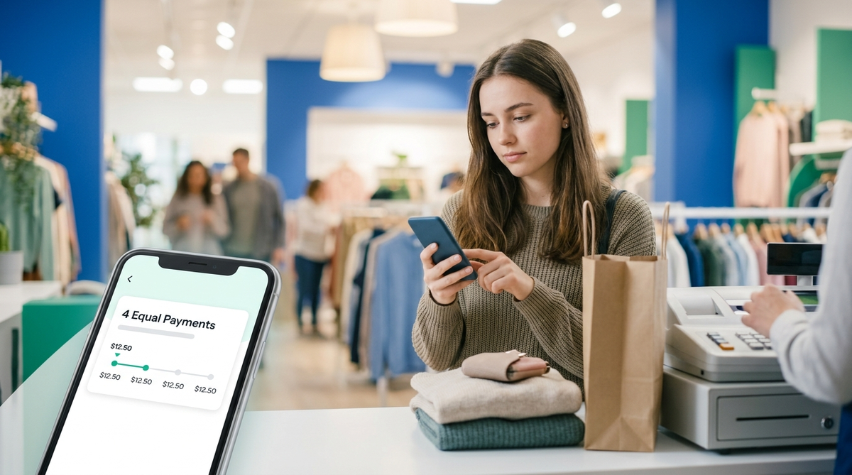 Young woman at retail checkout reviewing buy now pay later installment payment options on smartphone