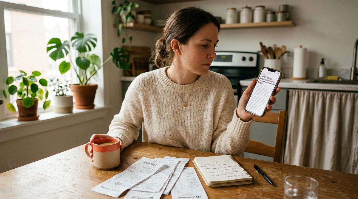 Person reviewing economic news and household budget on phone at kitchen table, reflecting consumer confidence and spending decisions