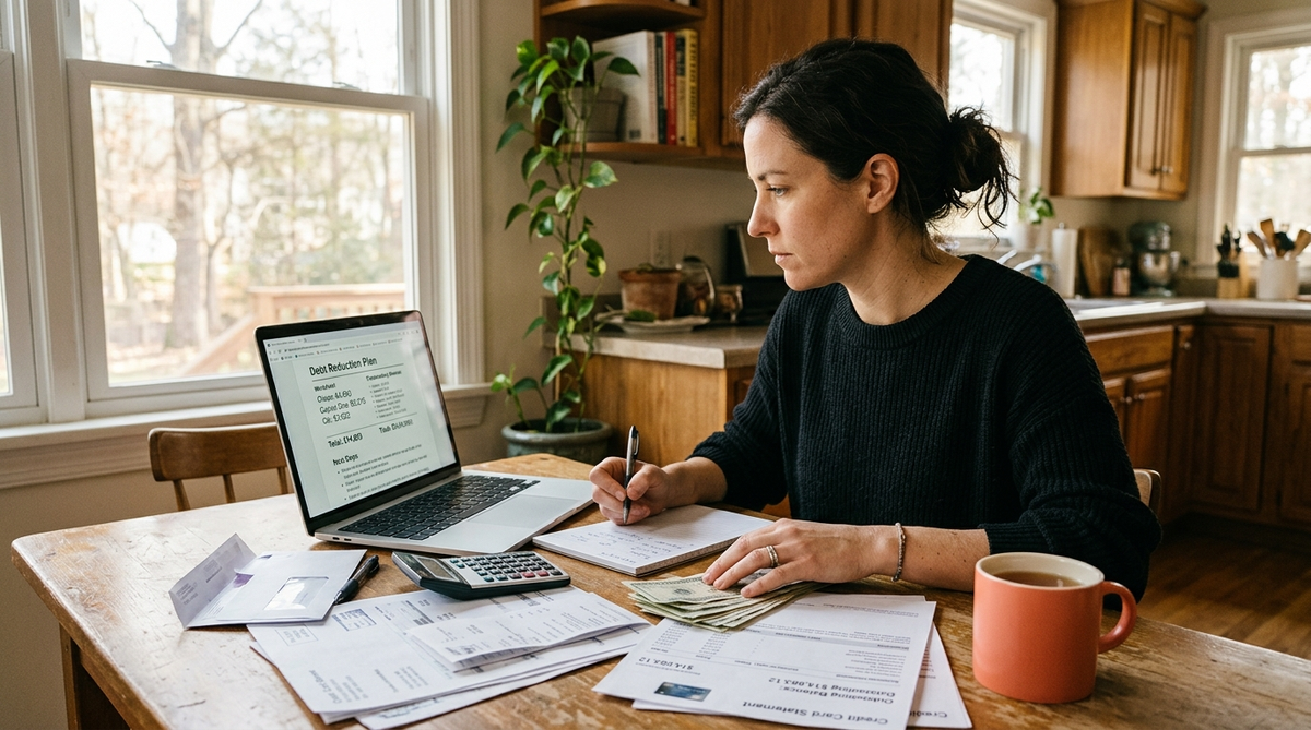 Person reviewing consumer debt statistics and financial documents at a home kitchen table