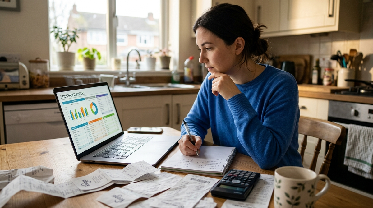 Consumer Spending Statistics 2026 – Featured Image Woman reviewing household budget spreadsheets and consumer spending charts on laptop at kitchen table