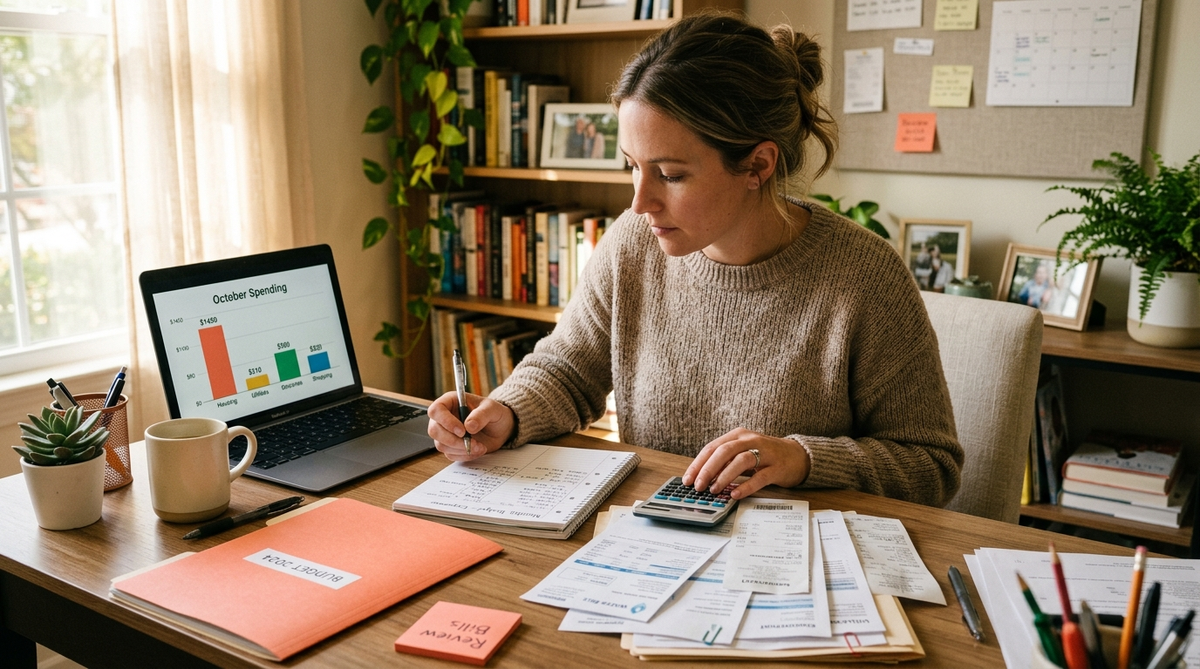 Cost of Living Statistics: 60+ Key Facts and Data for 2026 – Featured Image Person reviewing household bills and receipts with laptop showing cost of living statistics, budgeting at home desk