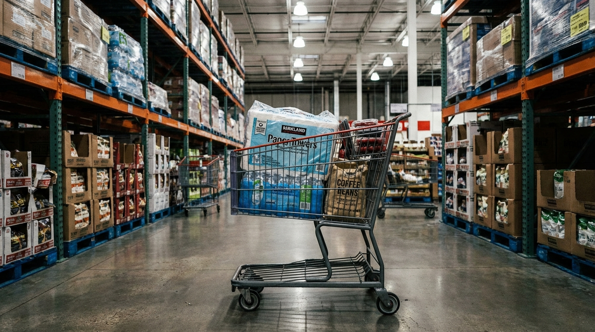 Is a Costco Membership Worth It – Featured Shopping cart with bulk groceries in a Costco warehouse aisle with tall industrial shelving