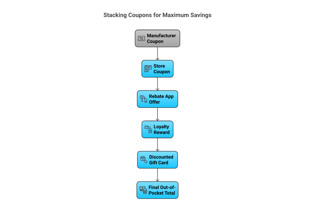 Flowchart showing 5 coupon stacking types: manufacturer coupon, store coupon, rebate app offer, loyalty reward, and discounted gift card