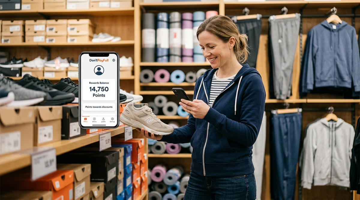 How to Save at Dick’s Sporting Goods – Featured Image Shopper checking ScoreCard rewards points on phone app while browsing sneakers at Dick's Sporting Goods