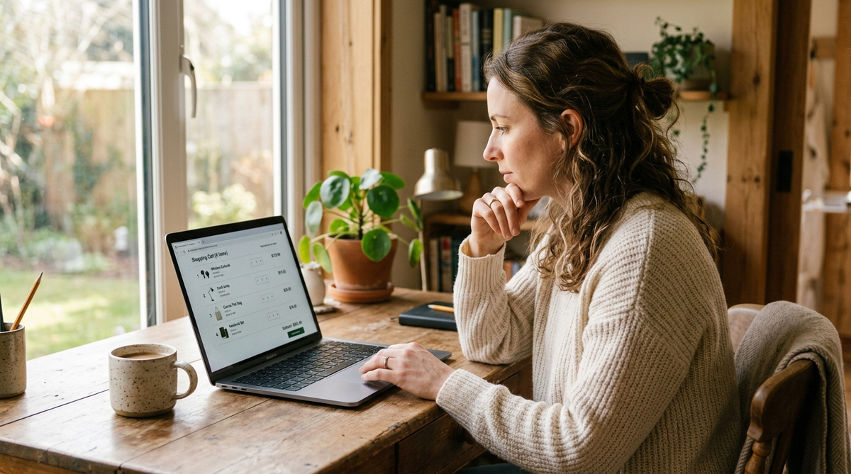 Person shopping online, comparing e-commerce prices on a laptop at home