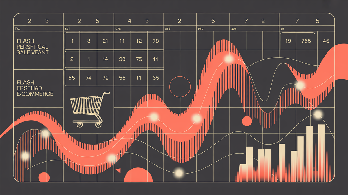 Flash Sale Statistics 2026 – Featured Image Flash sale statistics data visualization with shopping cart, wave curves, and bar charts showing e-commerce event trends