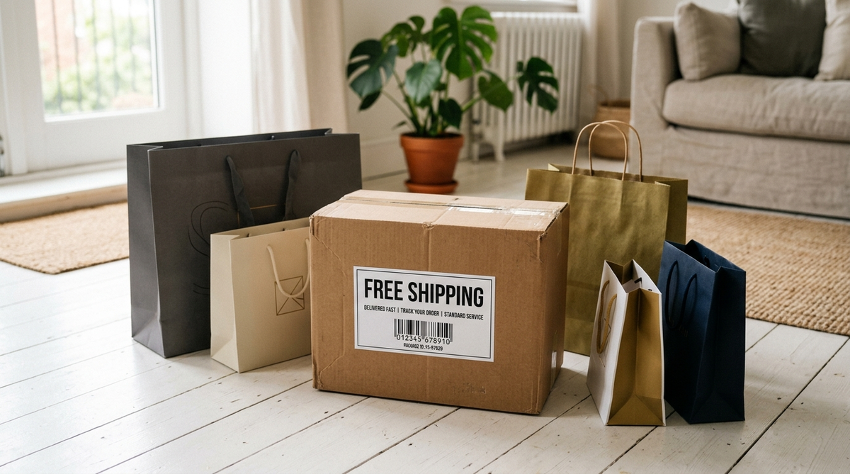 Free shipping statistics 2026 - shipping box with shopping bags showing the impact of free shipping on online shopping decisions