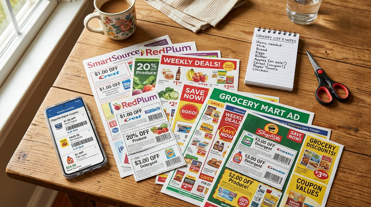 Coupon inserts, scissors, notepad and store savings app on a kitchen table for extreme couponing