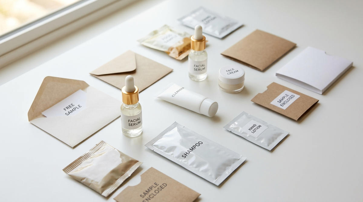 How to Get Free Samples – Featured Image Flat-lay of free product samples including facial serum, shampoo sachets, face cream, and brand mailers on a white surface