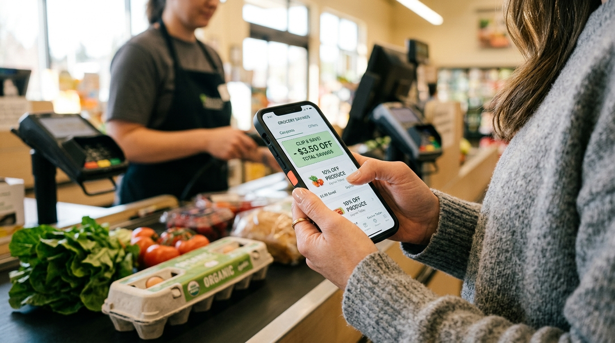 Hands holding smartphone with digital coupon app at grocery store checkout, fresh groceries on conveyor belt
