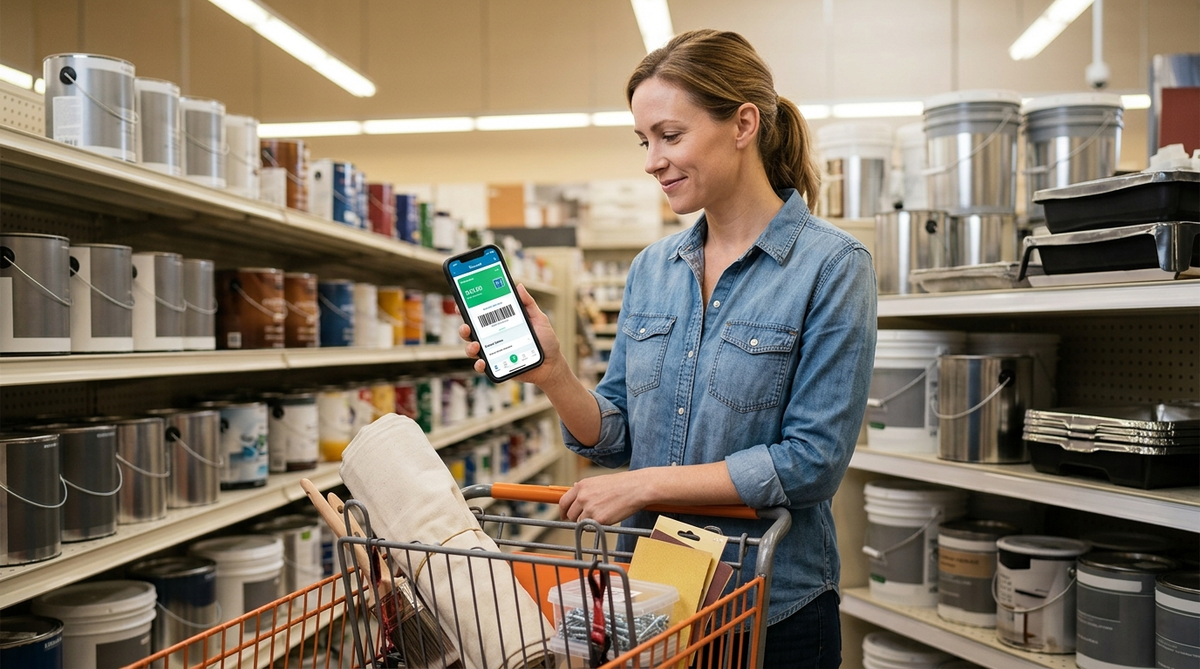 Person browsing paint aisle in home improvement store while checking rewards app on smartphone, saving at Lowe's
