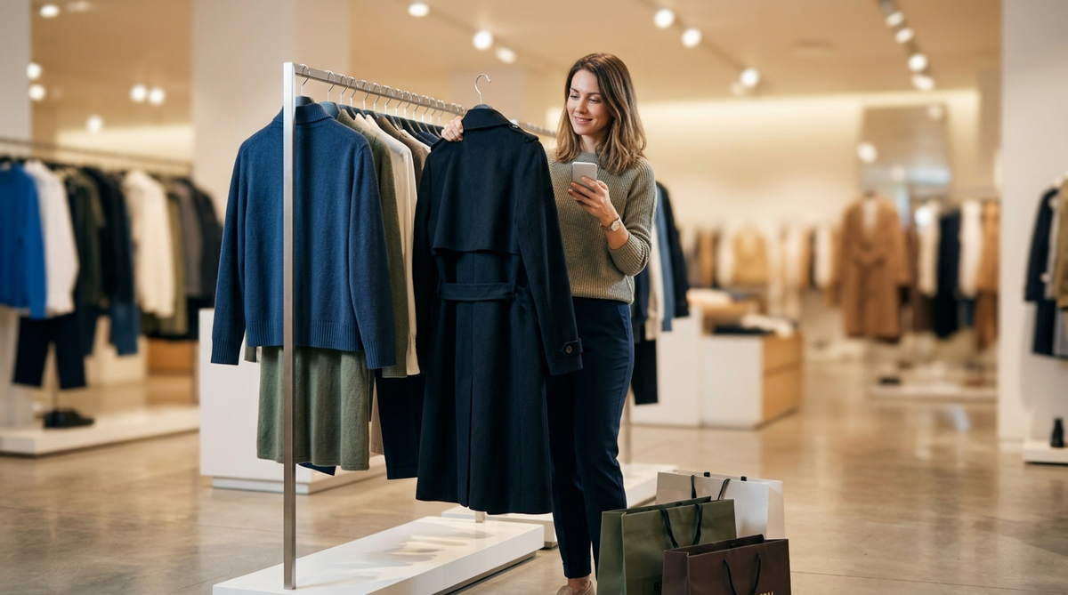 How to Save at Nordstrom – Featured Image Woman shopping at an upscale department store checking her phone for deals on how to save at Nordstrom